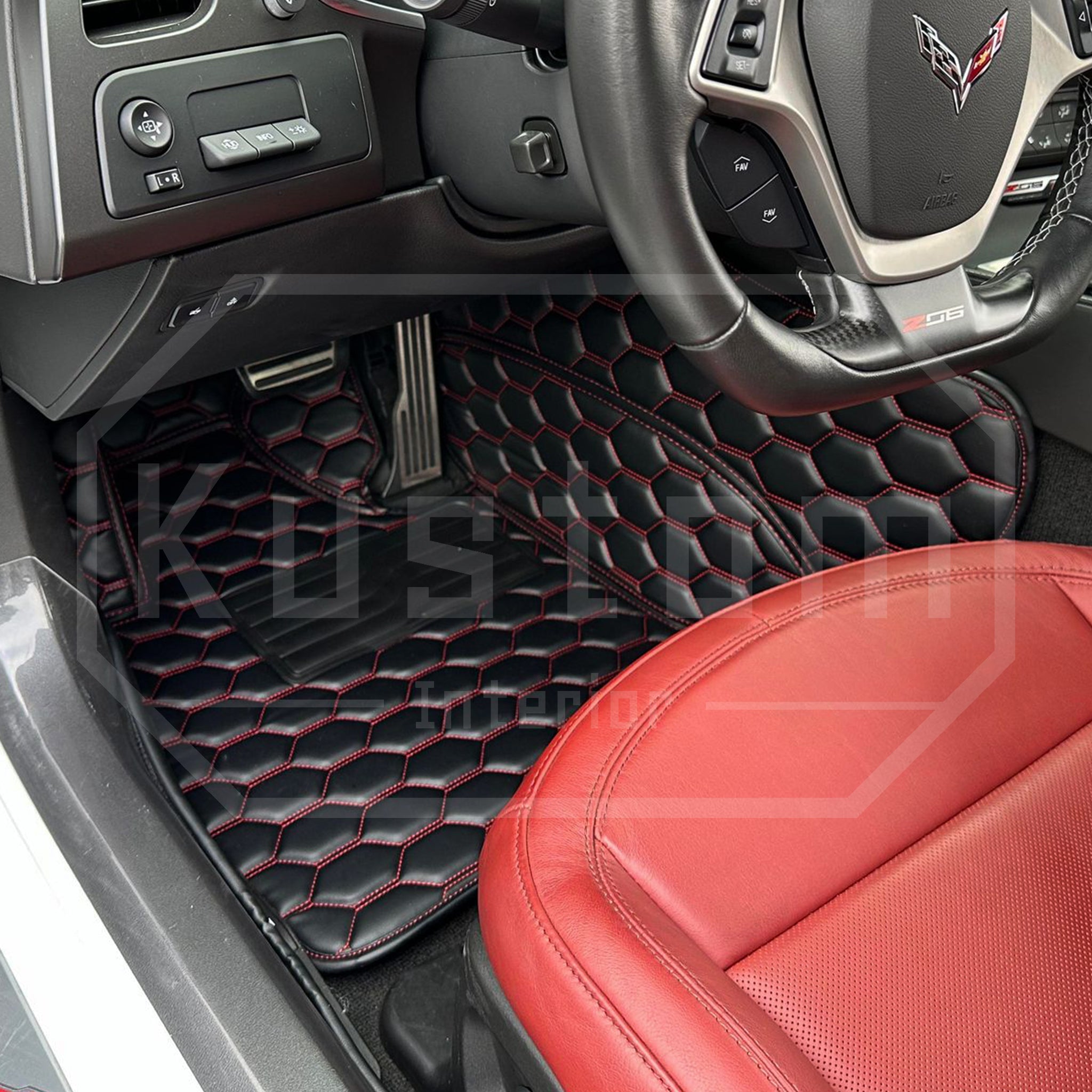 chevrolet-corvette-c7-custom-honeycomb-leather-floor-mat-linersBlack W/ Red Stitching