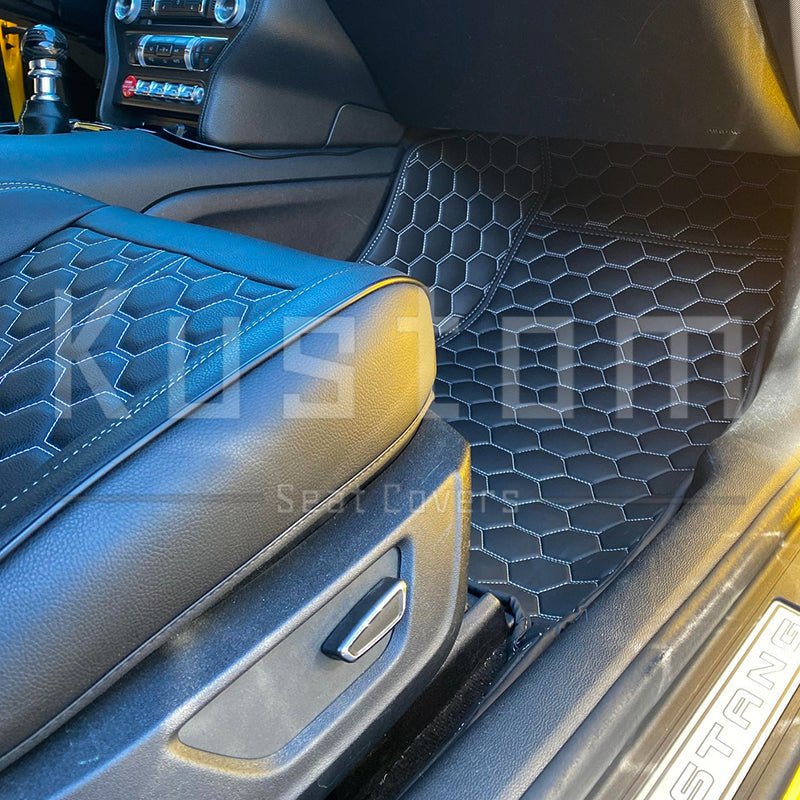 2015-up-ford-mustang-custom-honeycomb-leather-floor-mat-linersBlack W/ White Stitching