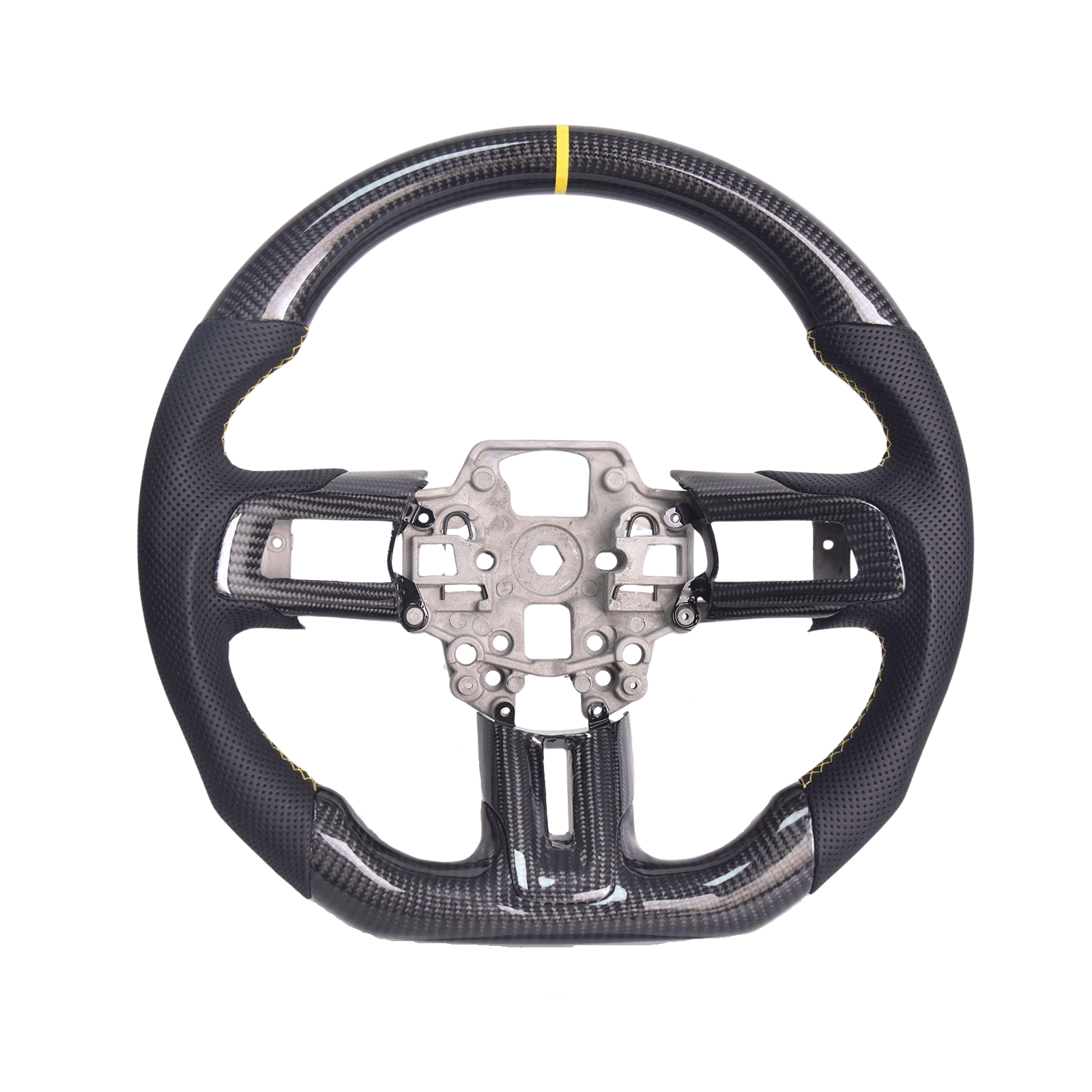 Ford Mustang S550 Carbon Fiber Steering Wheel Black Leather Yellow Stitching 2015-2023