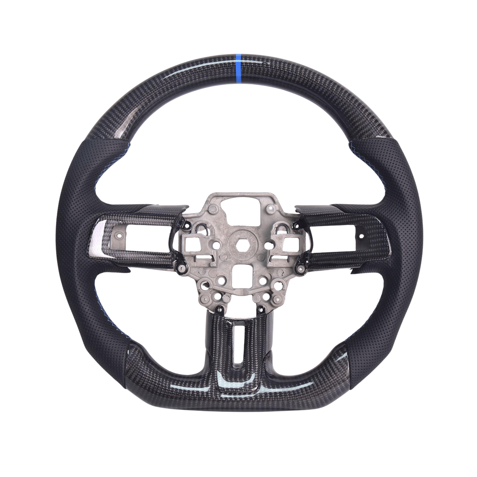 Mustang S550 Black Leather Blue Stitching Carbon Fiber Steering Wheel (2015–2023)
