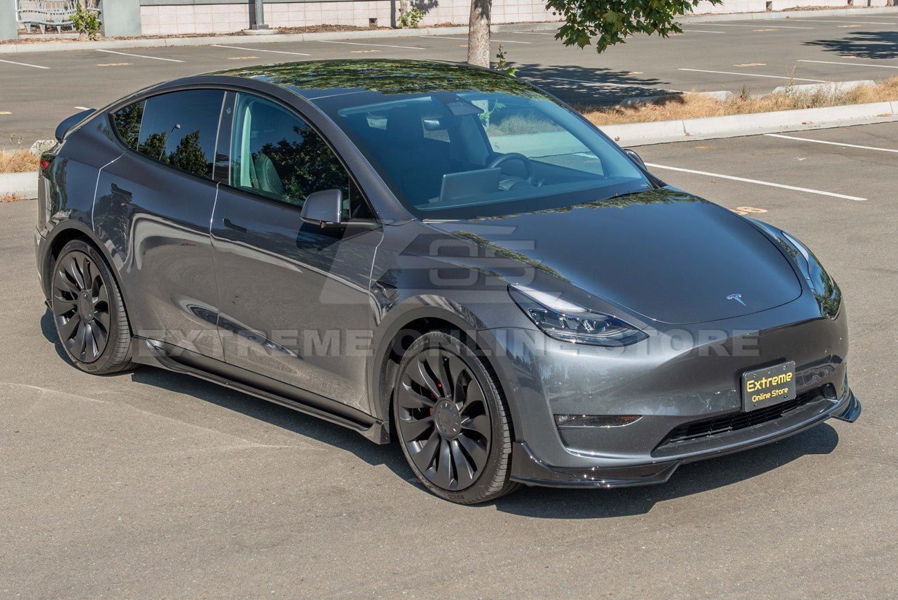 Tesla Model Y Performance Style Gloss Black Front Splitter Lip Side Skirts Kit 2020-2024