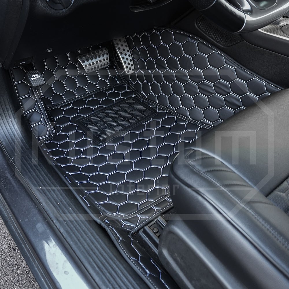 2015-dodge-challenger-honeycomb-leather-floor-matBlack W/ White Stitching