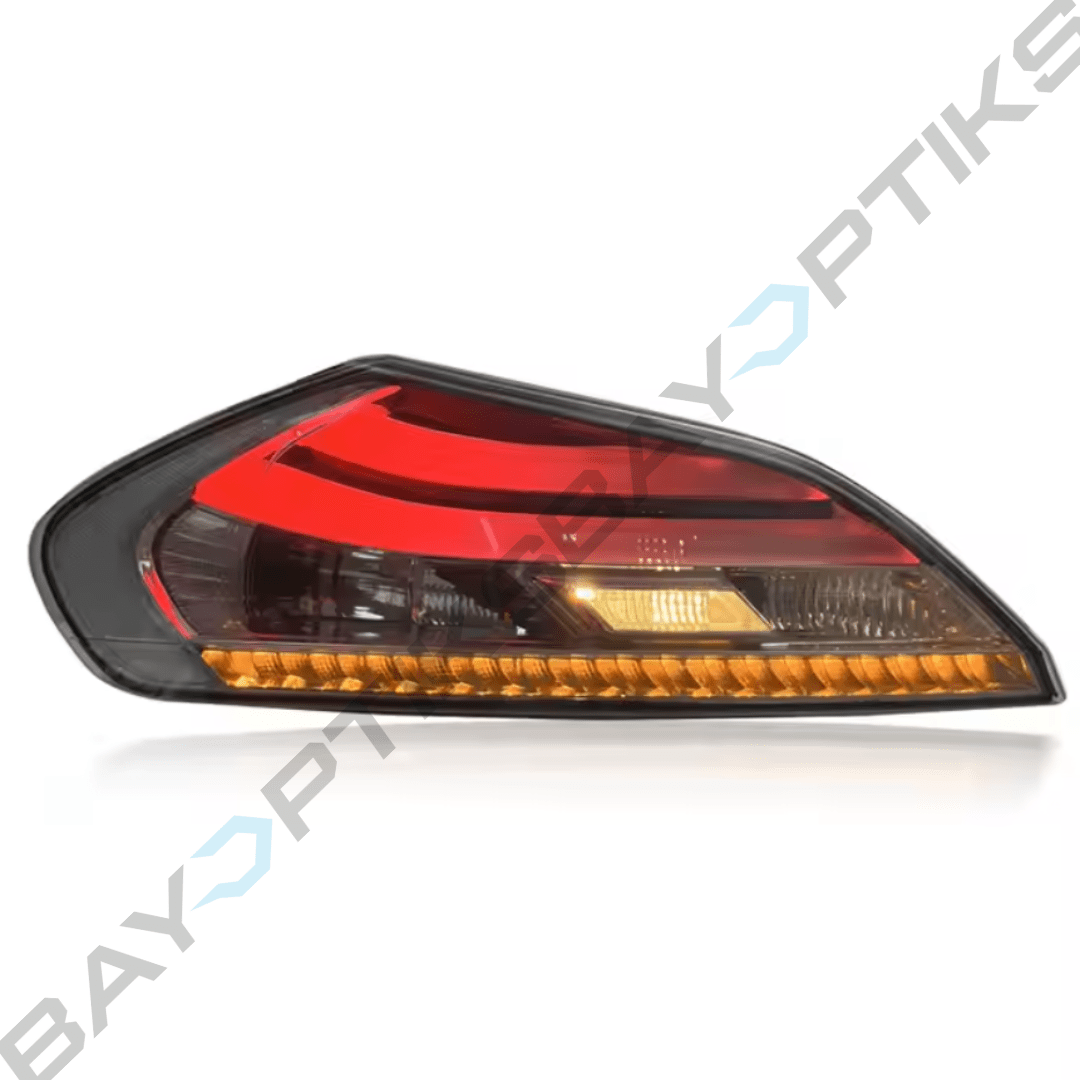 Car tail light with red and orange design on a white background