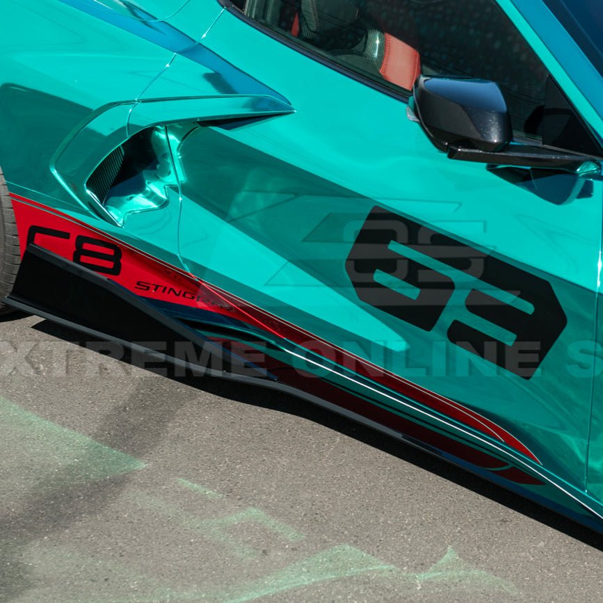Close-up image of 2020-Up Corvette C8 5VM Style 2PCS Carbon Fiber Side Skirts Rocker Panel – enhances aerodynamics and gives the C8 a sleek, aggressive look.