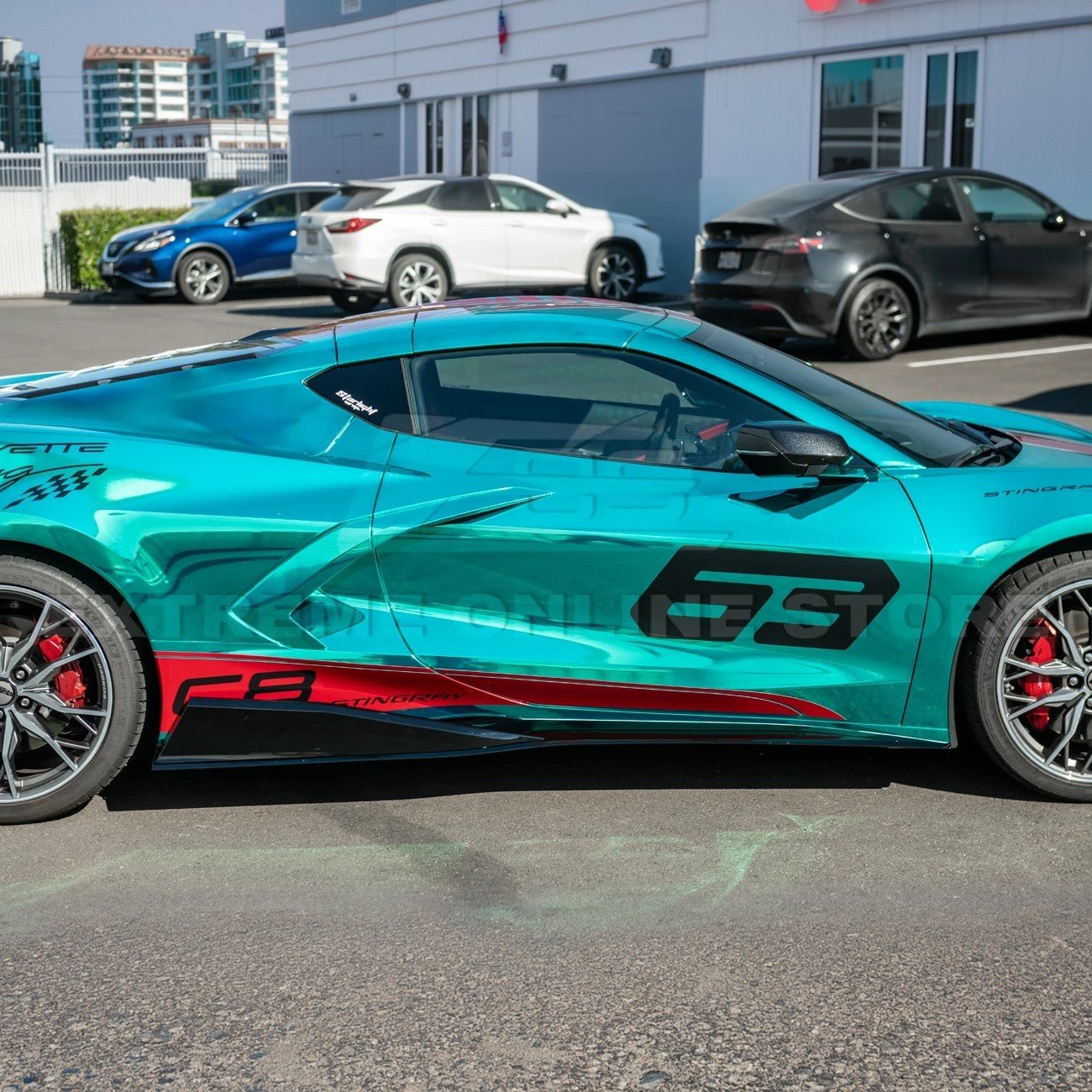 Close-up image of 2020-Up Corvette C8 5VM Style 2PCS Carbon Fiber Side Skirts Rocker Panel – enhances aerodynamics and gives the C8 a sleek, aggressive look.