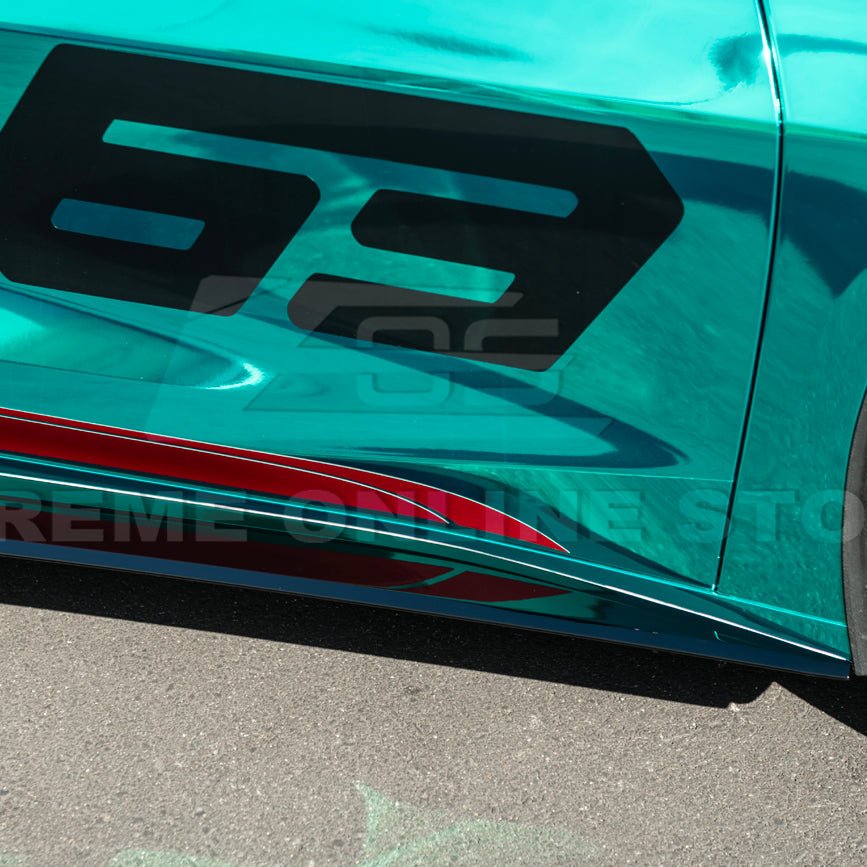 Close-up image of 2020-Up Corvette C8 5VM Style 2PCS Carbon Fiber Side Skirts Rocker Panel – enhances aerodynamics and gives the C8 a sleek, aggressive look.