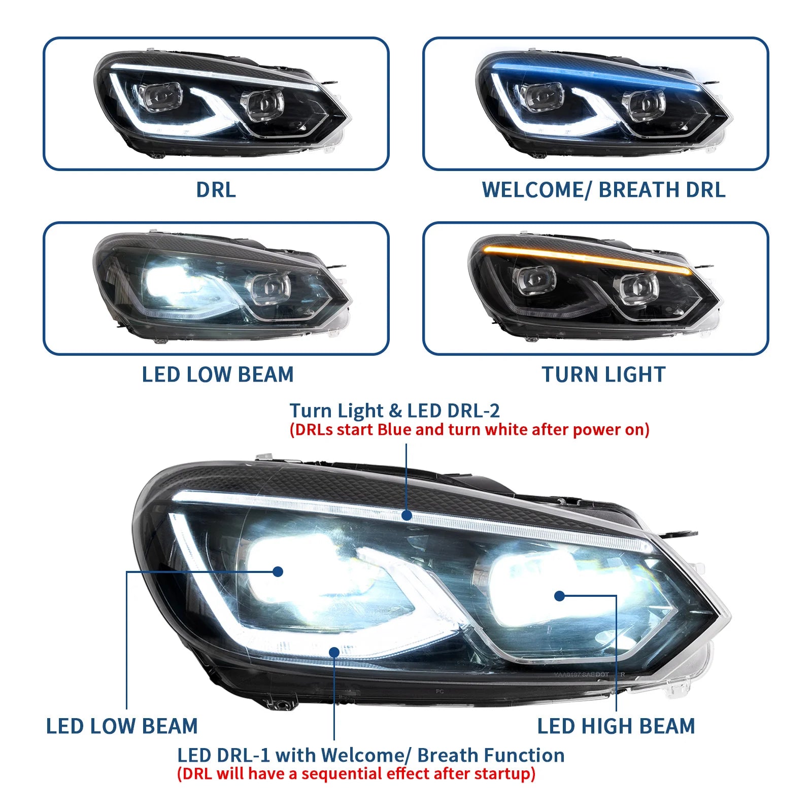 2009-2014 VW Golf Mk6 R-Style LED Headlights (Halogen Models)