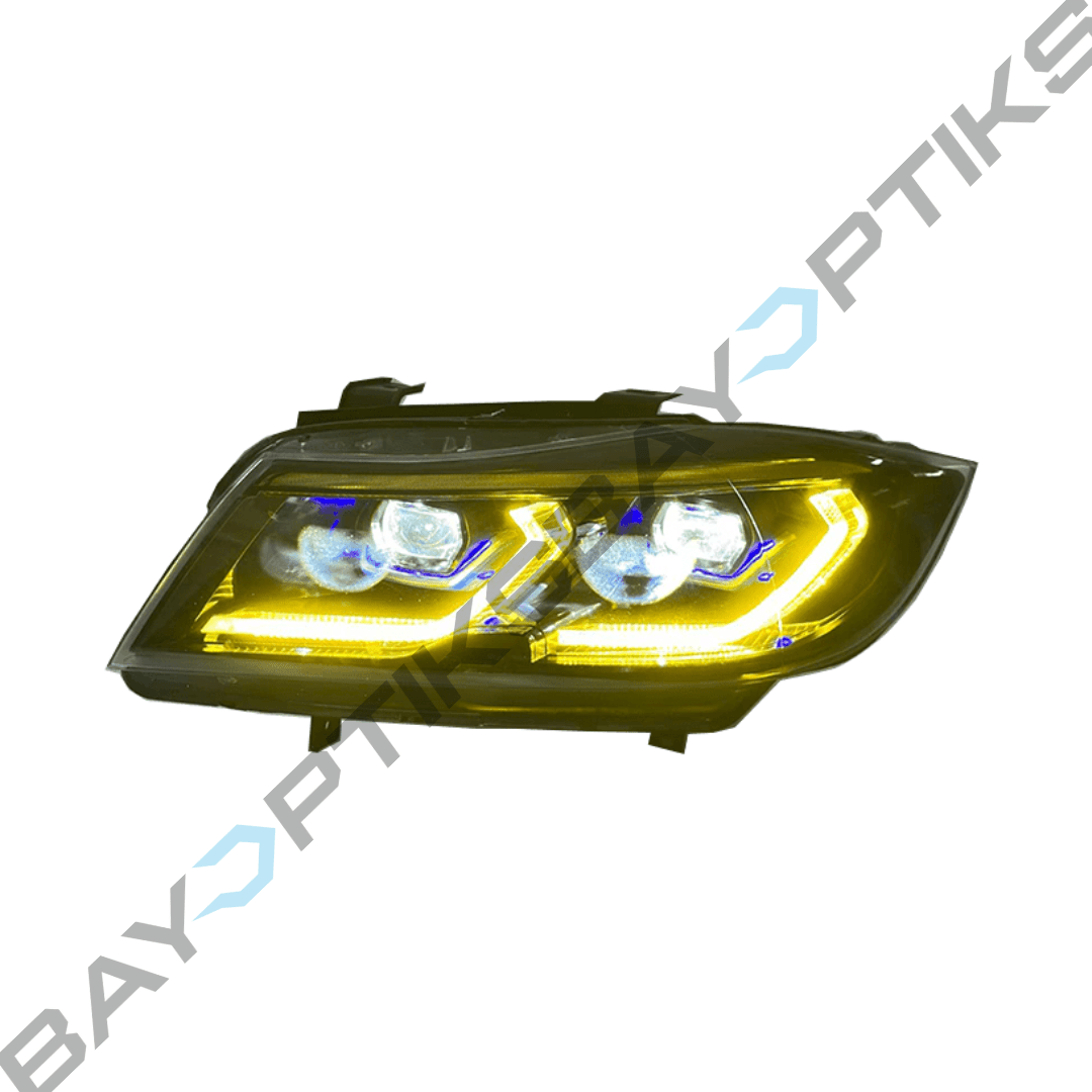 E90 3 Series Sedan Laser Style CSL Yellow/White Sequential LED Headlights Shadowline Version (2005 - 2012)