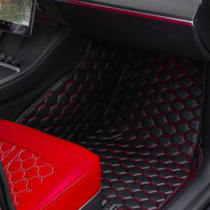 tesla-model-3-custom-honeycomb-leather-floor-matBlack W/ White Stitching