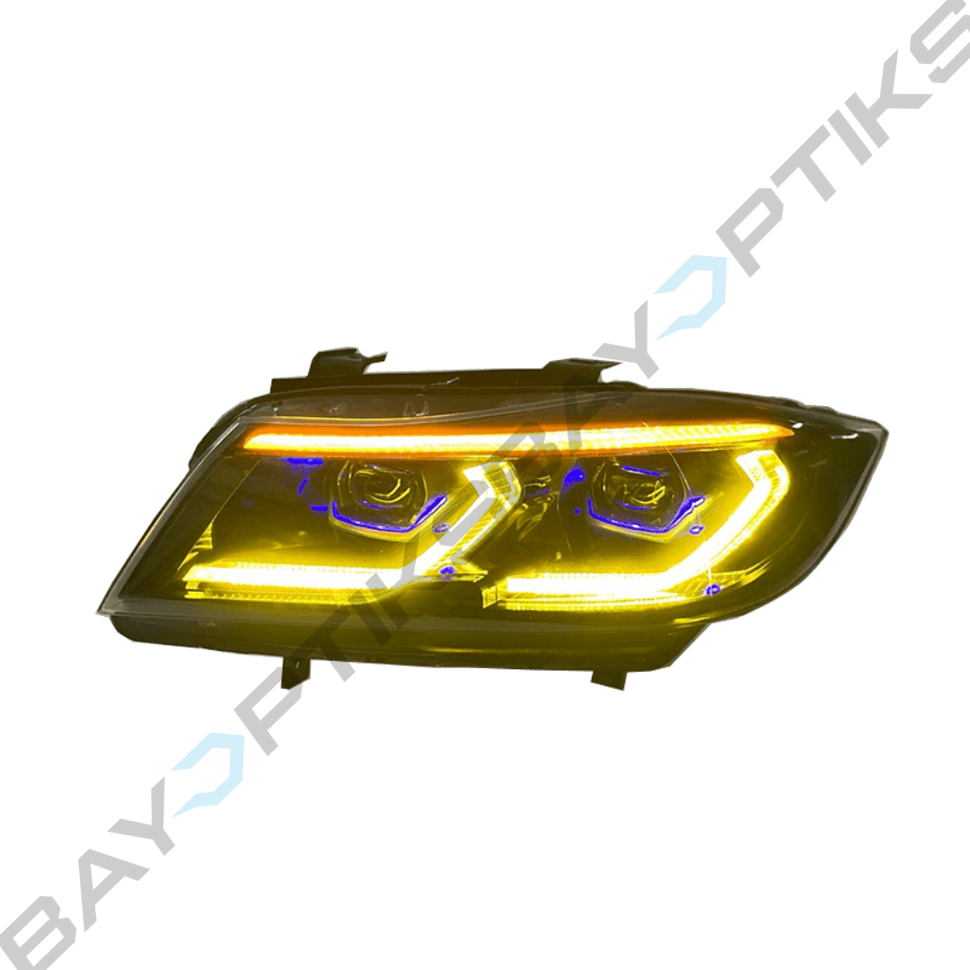 E90 3 Series Sedan Laser Style CSL Yellow/White Sequential LED Headlights Shadowline Version (2005 - 2012)