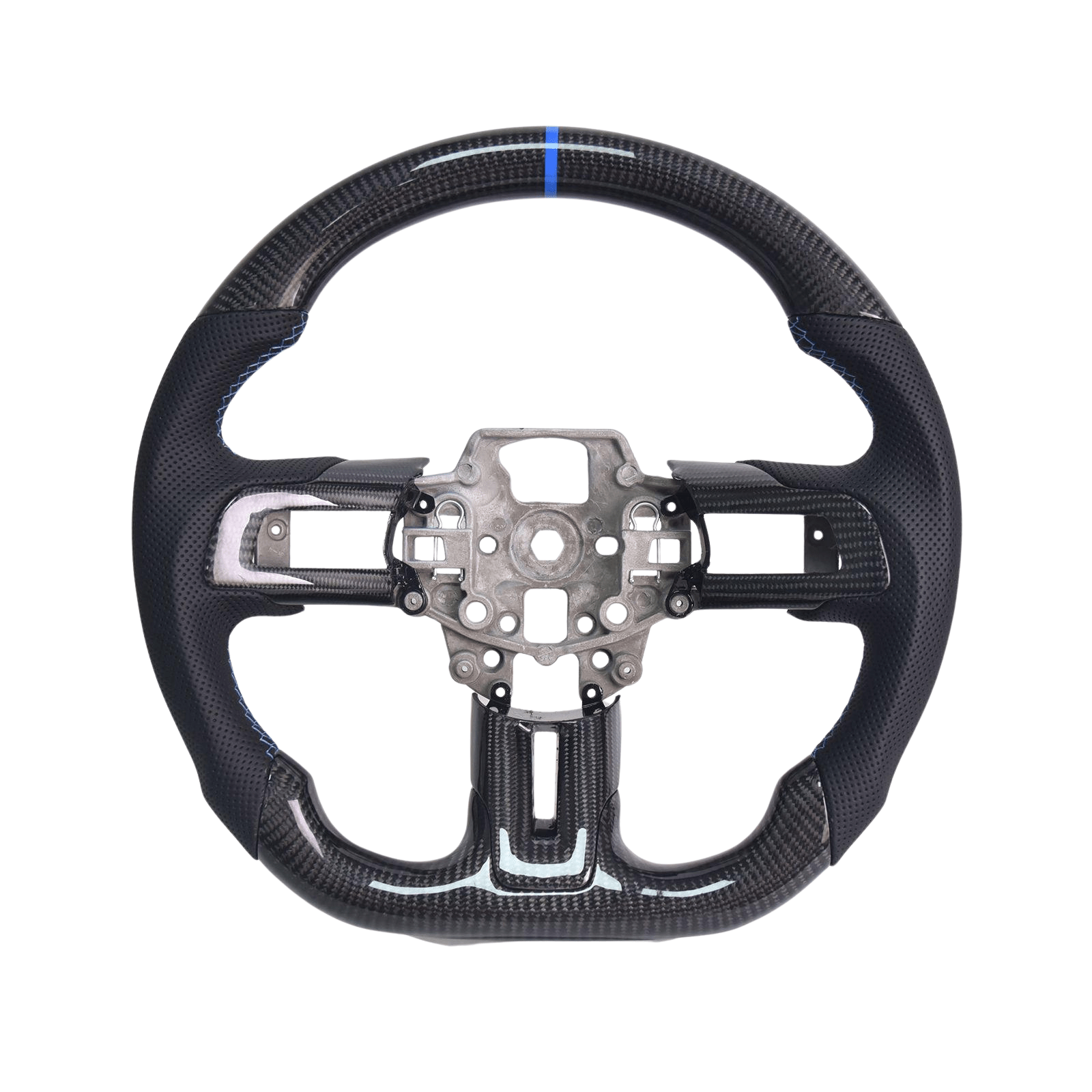 Mustang S550 Black Leather Blue Stitching Carbon Fiber Steering Wheel (2015–2023)