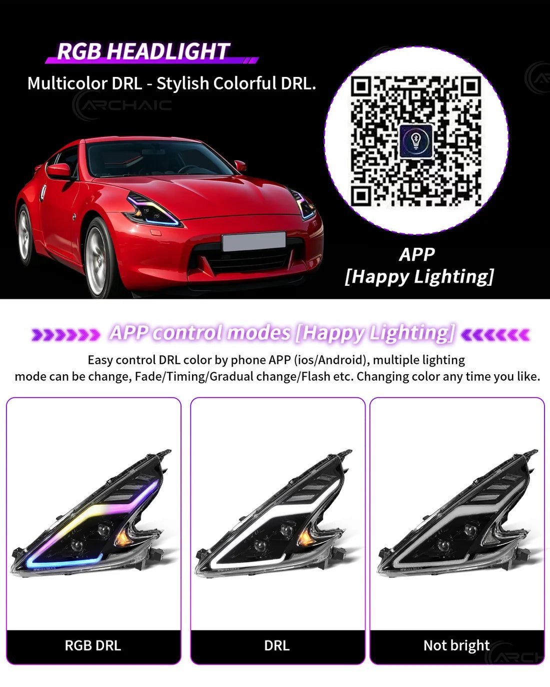 Nissan 370Z Fairlady Z Z34 RGB LED Headlights with App Control 2008-2020