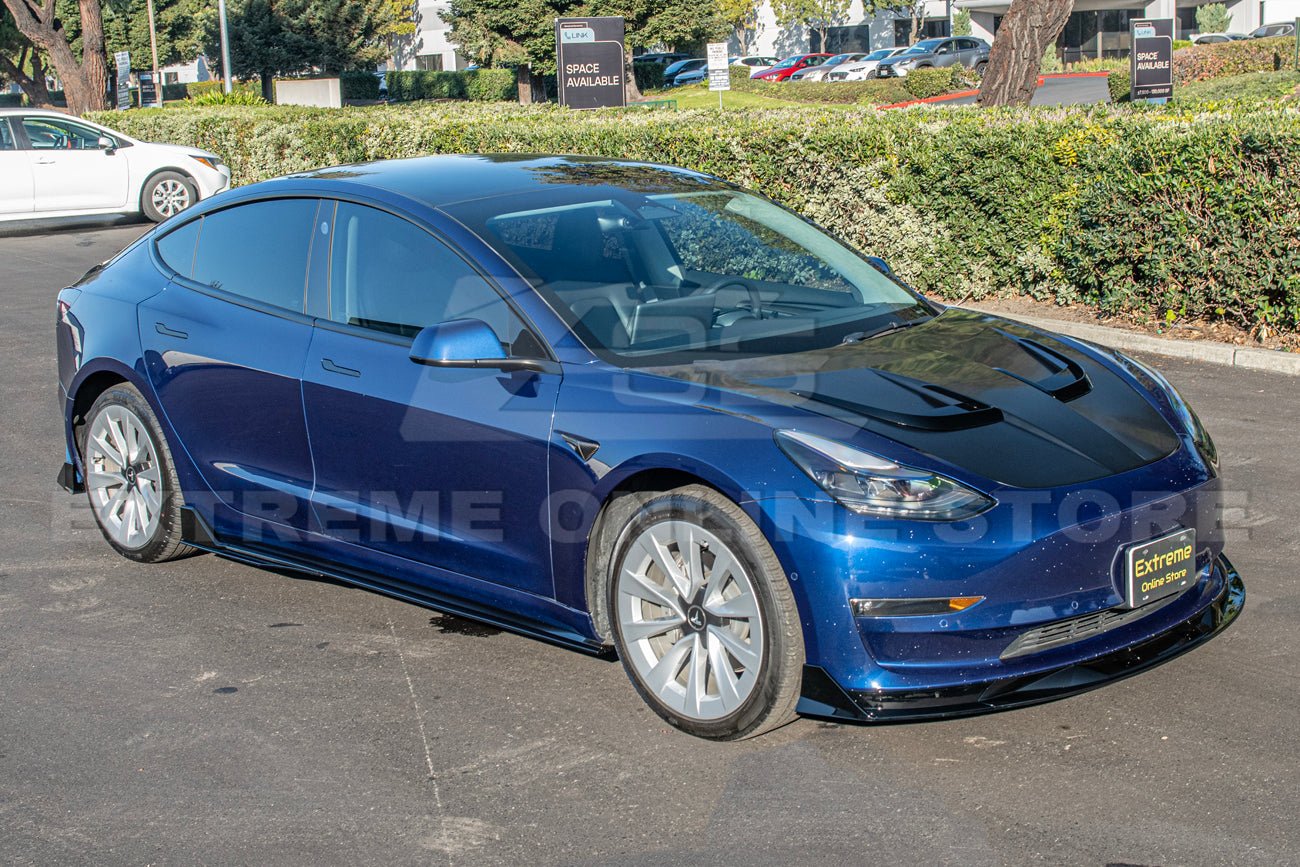 Tesla Model 3 Track Style Gloss Black Front Lip Splitter and Side Skirts Kit 2017-2023