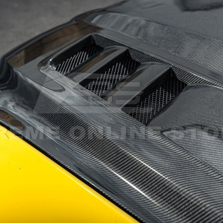 Ford Mustang S550 Terminator Style Carbon Fiber Front Hood Vented Cover 2015-20172015-17 Ford Mustang Terminator Style Front Hood Vented Cover