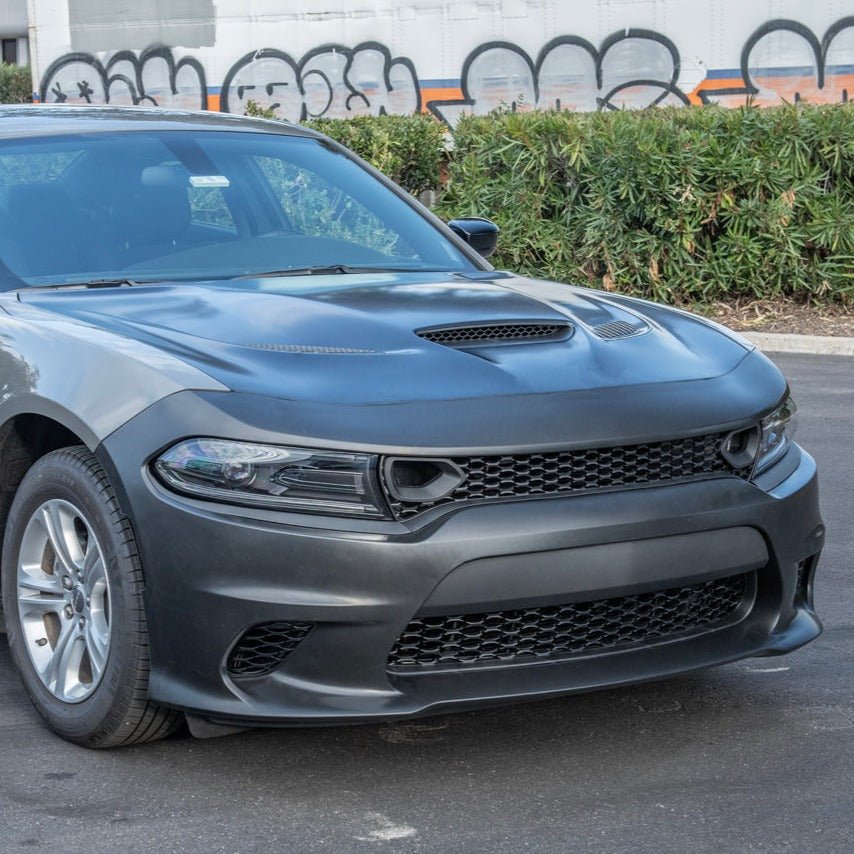 Dodge Charger LD SRT Hellcat Style Primed Black Front Bumper and Aluminum Hood Conversion Kit 2015-Up