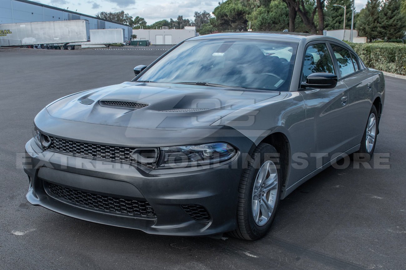 Dodge Charger LD SRT Hellcat Style Primed Black Front Bumper and Aluminum Hood Conversion Kit 2015-Up