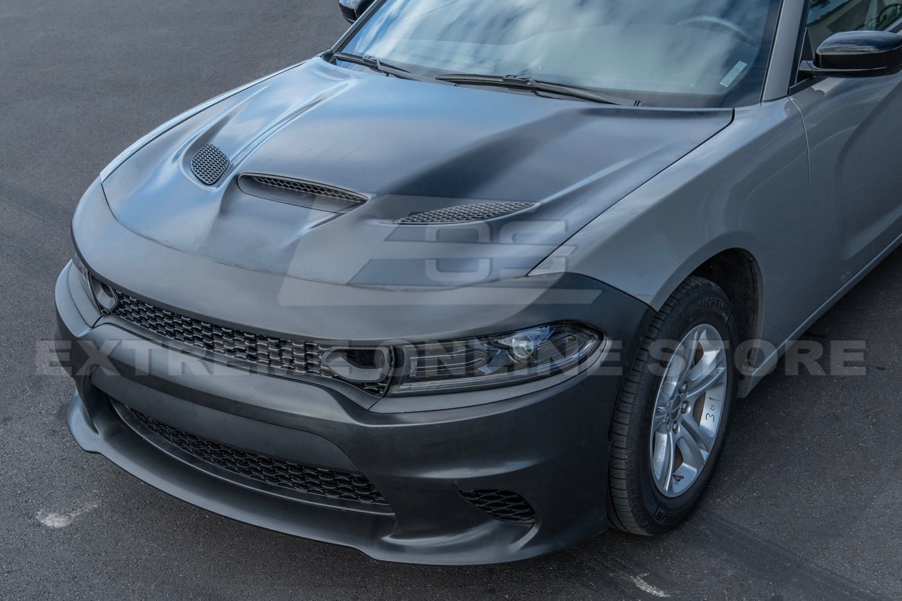 Dodge Charger LD SRT Hellcat Style Primed Black Front Bumper and Aluminum Hood Conversion Kit 2015-Up