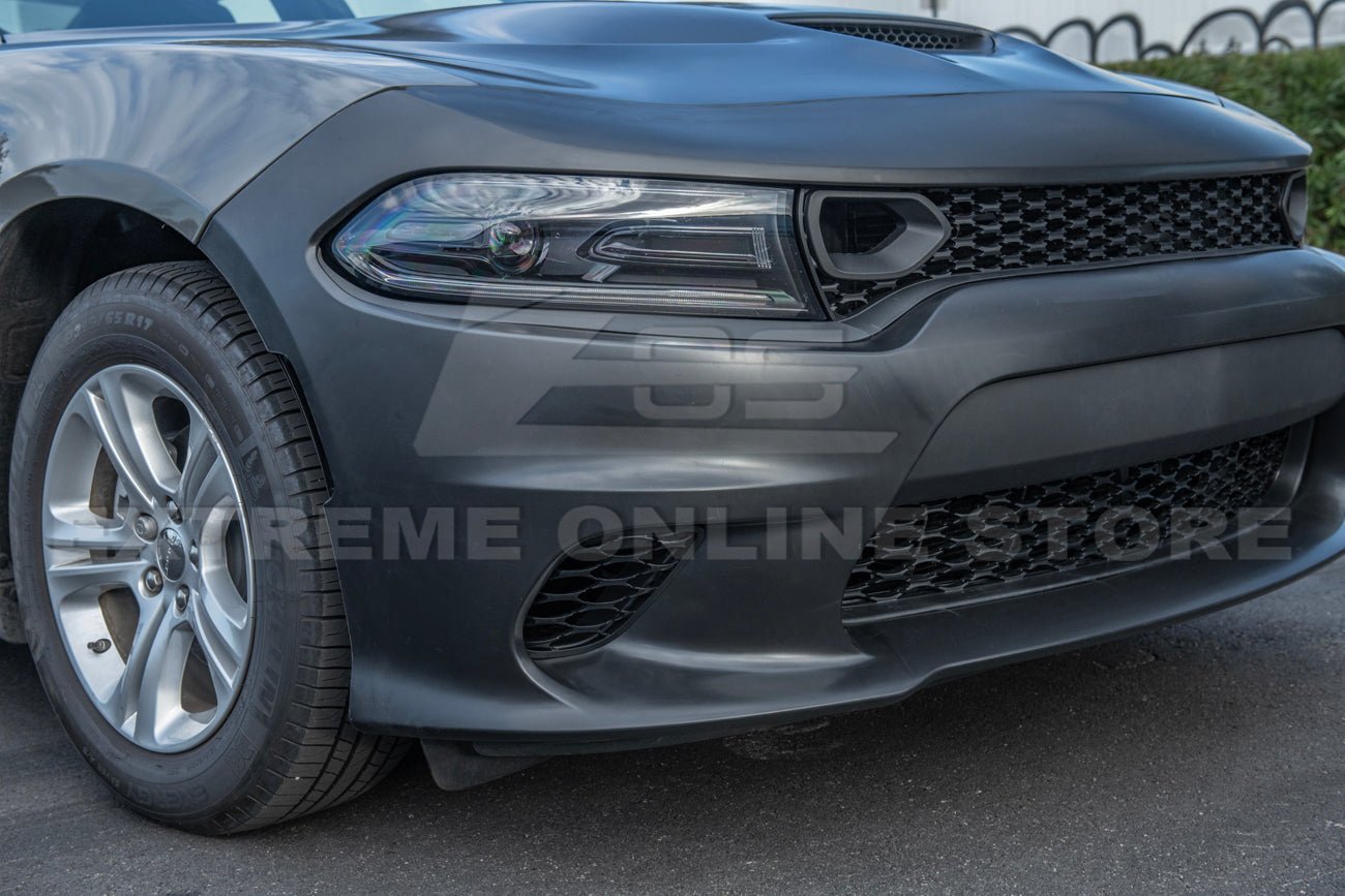 Dodge Charger LD SRT Hellcat Style Primed Black Front Bumper and Aluminum Hood Conversion Kit 2015-Up