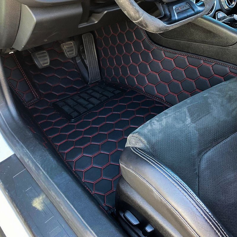 5th-gen-camaro-premium-honeycomb-leather-floor-mat-linersBlack W/ Red Stitching