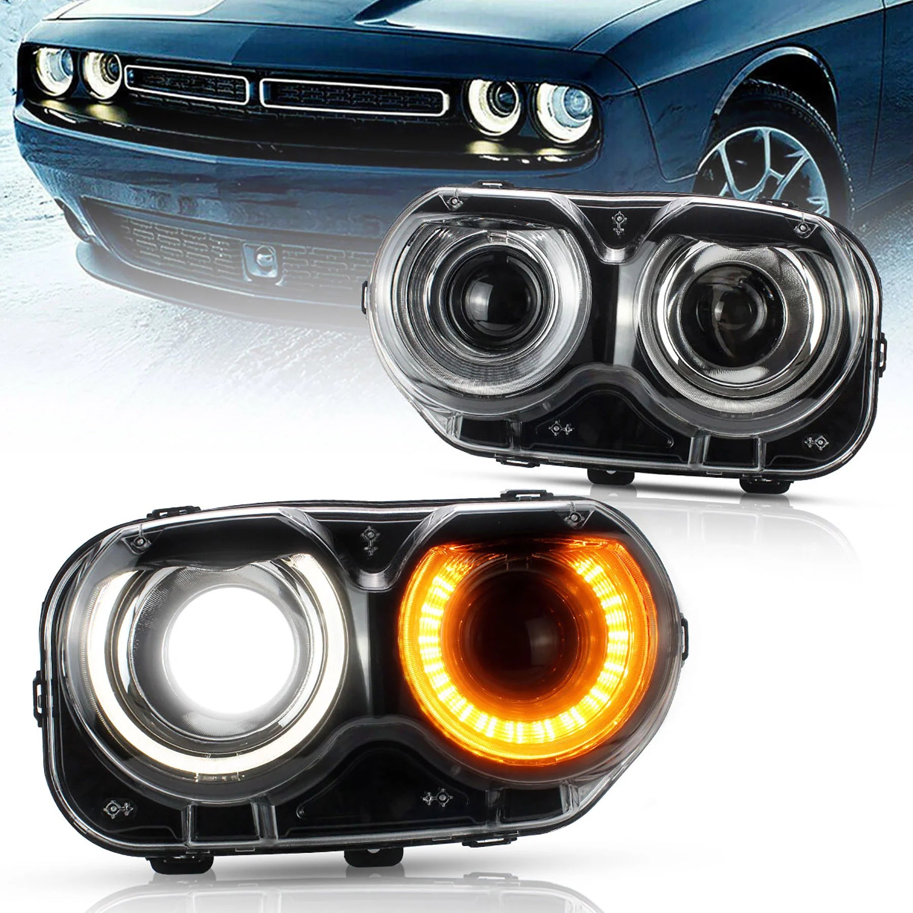 Dodge Challenger Halogen Models RGB/White LED Halo Headlights 2015 - 2023