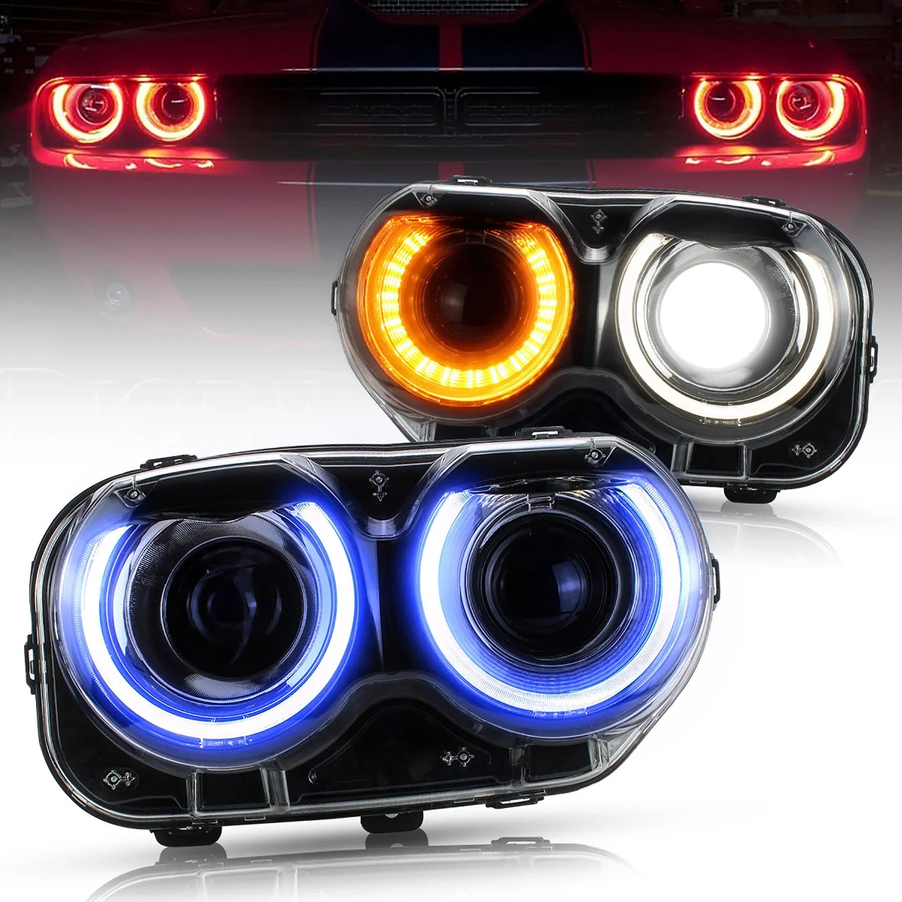 Dodge Challenger Halogen Models RGB/White LED Halo Headlights 2015 - 2023