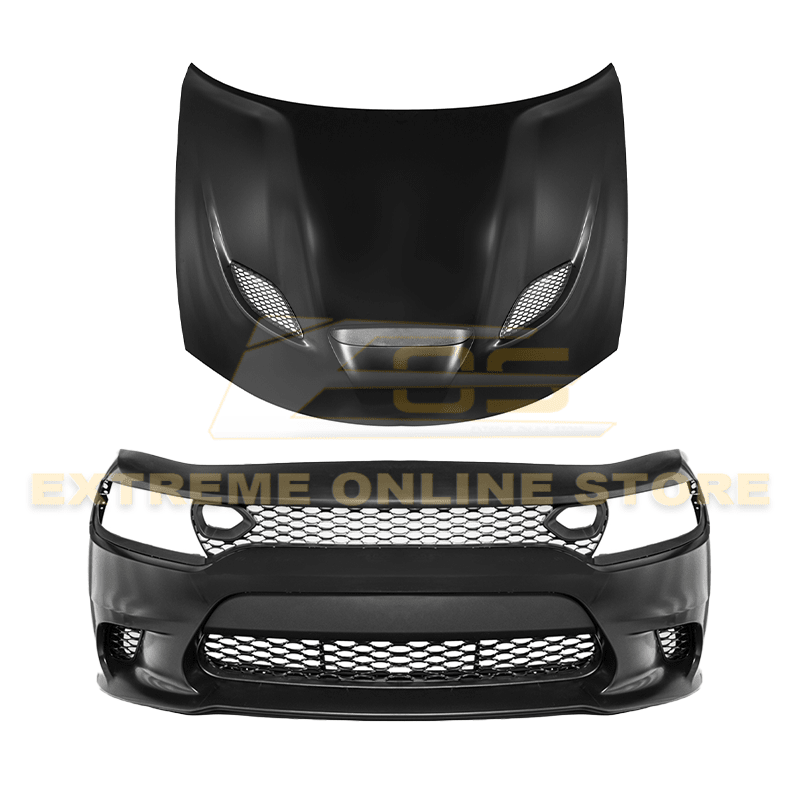 Dodge Charger LD SRT Hellcat Style Primed Black Front Bumper and Aluminum Hood Conversion Kit 2015-Up