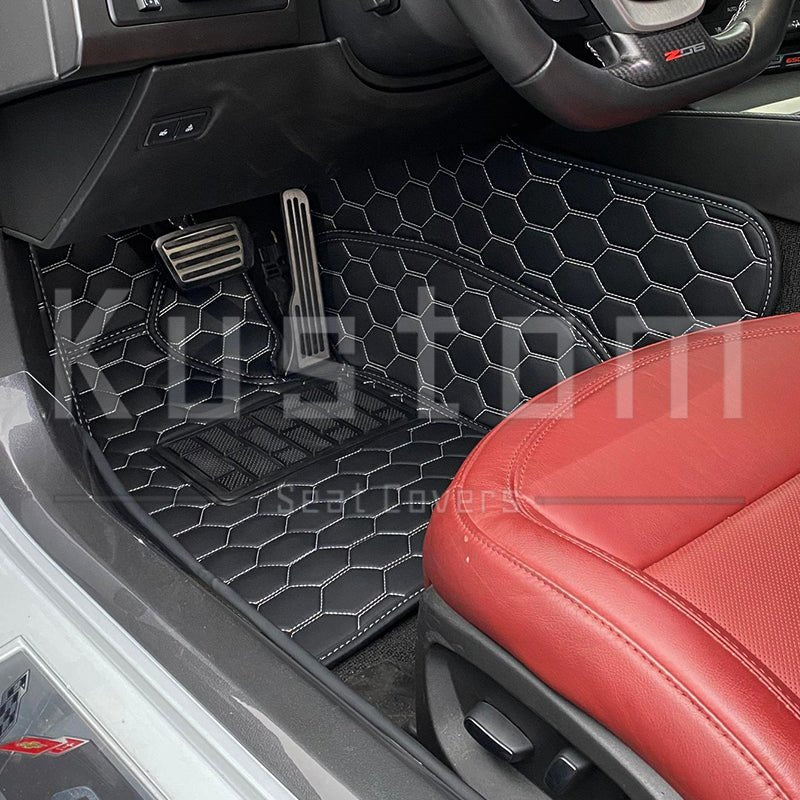 chevrolet-corvette-c7-custom-honeycomb-leather-floor-mat-linersBlack W/ White Stitching