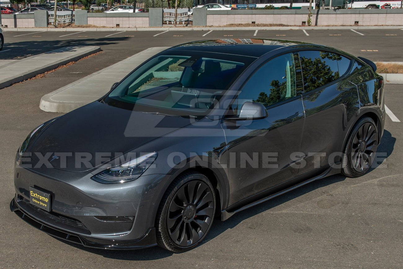 Tesla Model Y Performance Style Gloss Black Front Splitter Lip Side Skirts Kit 2020-2024