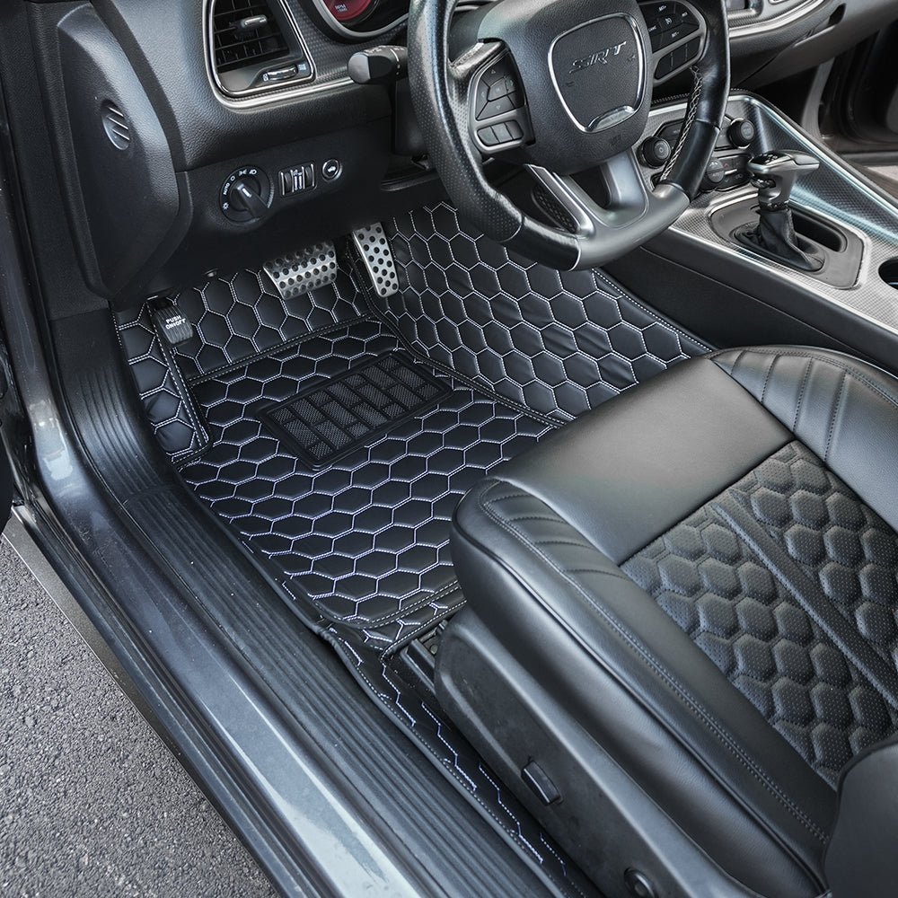 2015+ Dodge Challenger Honeycomb Leather Floor Mat Liners – Bayoptiks