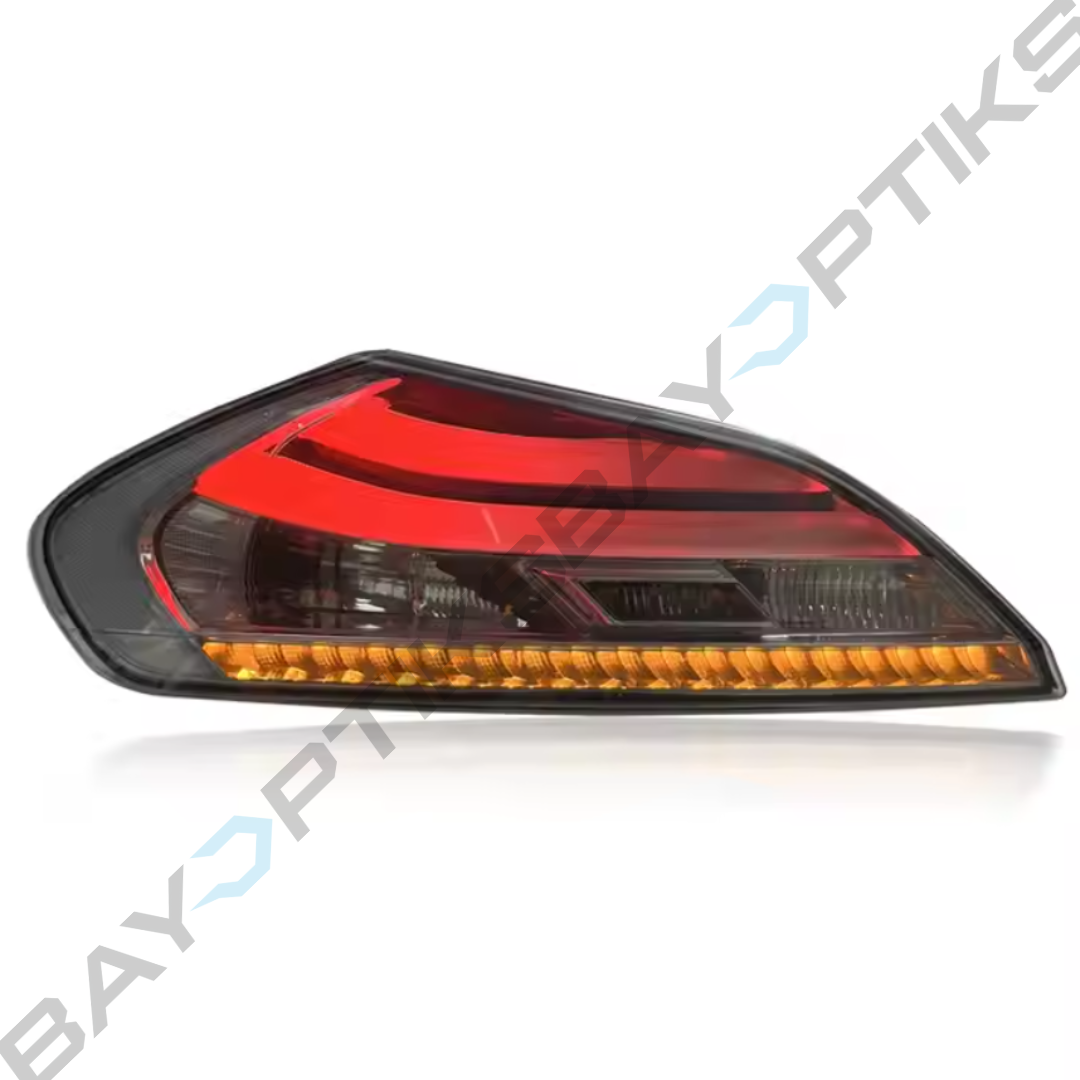 Car tail light with red and orange design on a white background