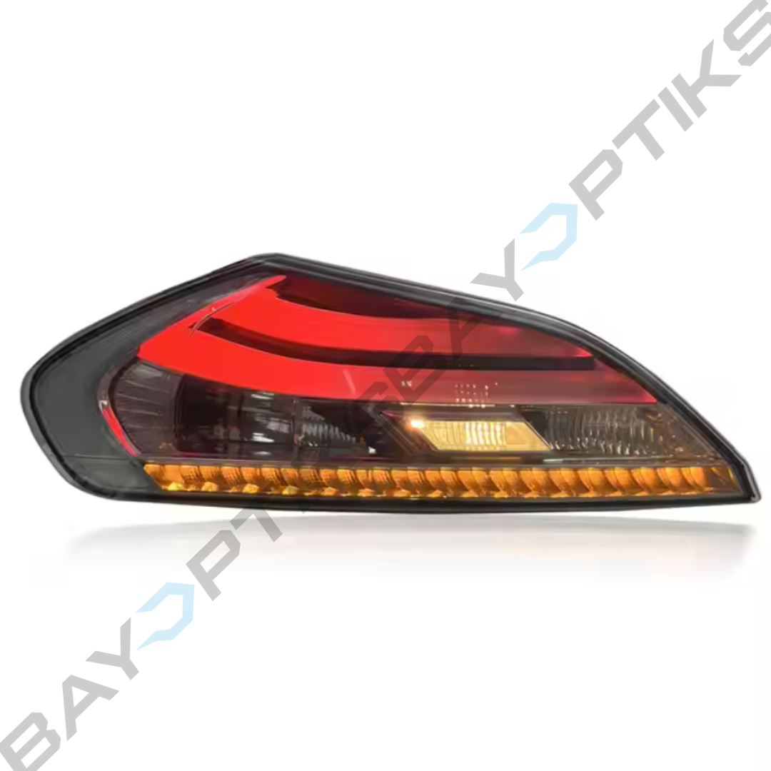 Car tail light with red and orange design on a white background