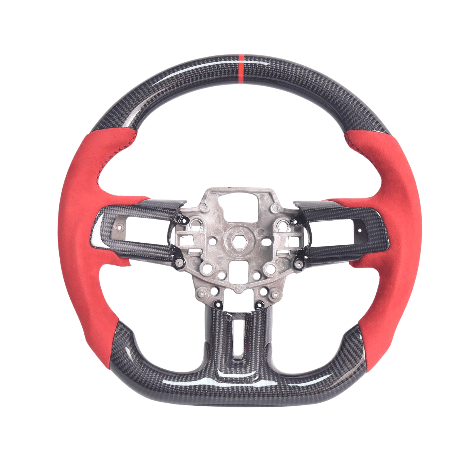Ford Mustang S550 Carbon Fiber Steering Wheel Red Suede Black Stitching 2015-2023