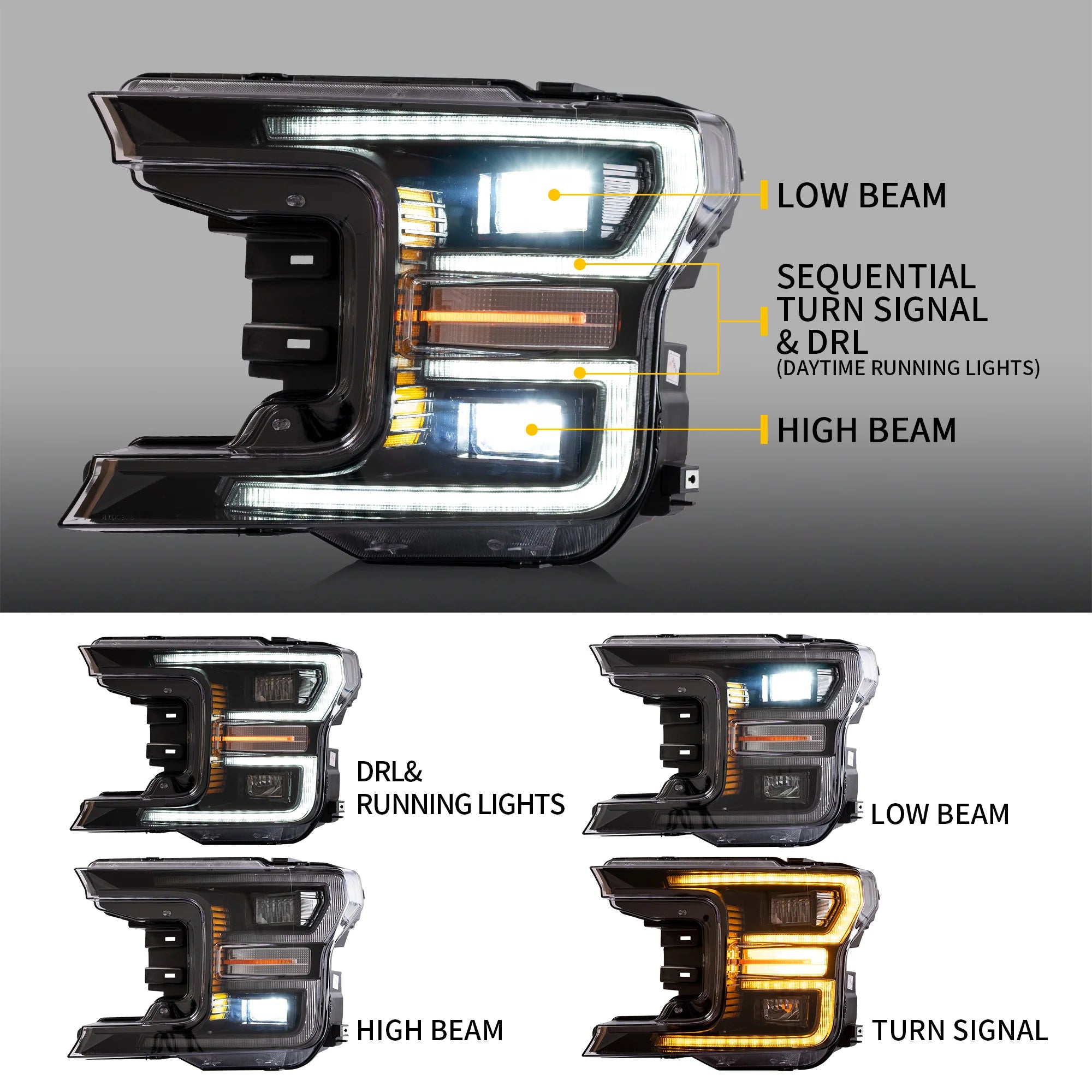 Ford F150 W/ Sequential Turn Signal LED Headlights 2018 - 2020