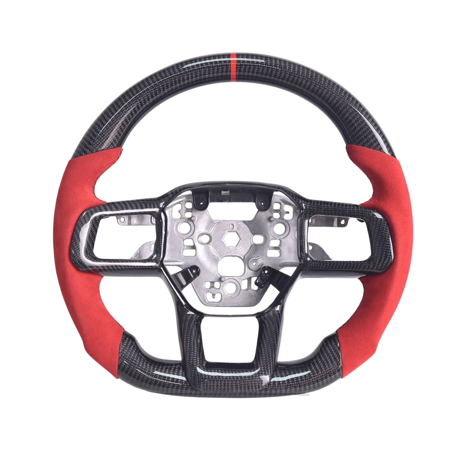 Ford Mustang S650 Carbon Fiber Steering Wheel Red Suede Leather Black Stitching 2024-Up