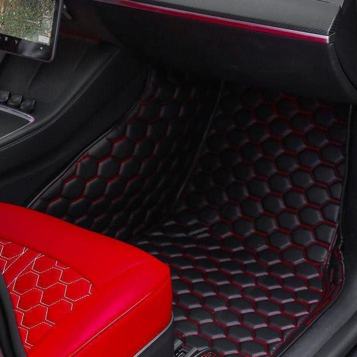 2019-up-tesla-model-y-custom-honeycomb-leather-interior-floor-matBlack W/ White Stitching