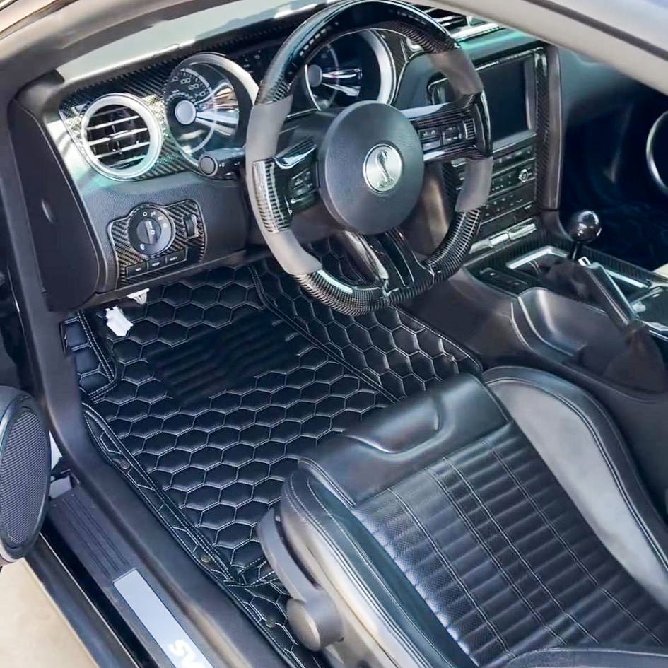 2010-14-ford-mustang-premium-honeycomb-leather-floor-mat-linersBlack W/ White Stitching