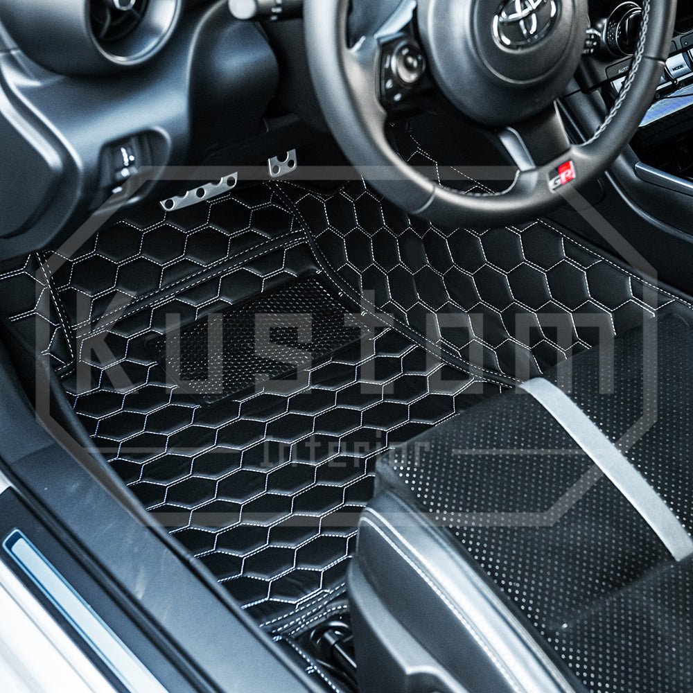 2022-toyota-gr86-subaru-brz-honeycomb-leather-floor-mat-linersBlack W/ White Stitching