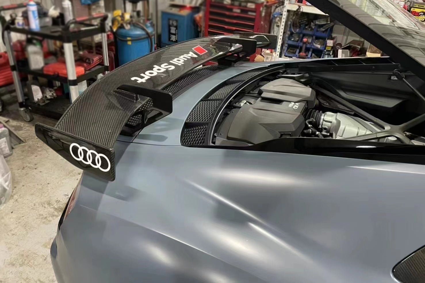 2016-2025 Audi R8 GEN2 Coupe Performance Parts Style Dry Carbon Fiber Trunk Wing with Base and Aluminum Legs - DarwinPRO Aerodynamics