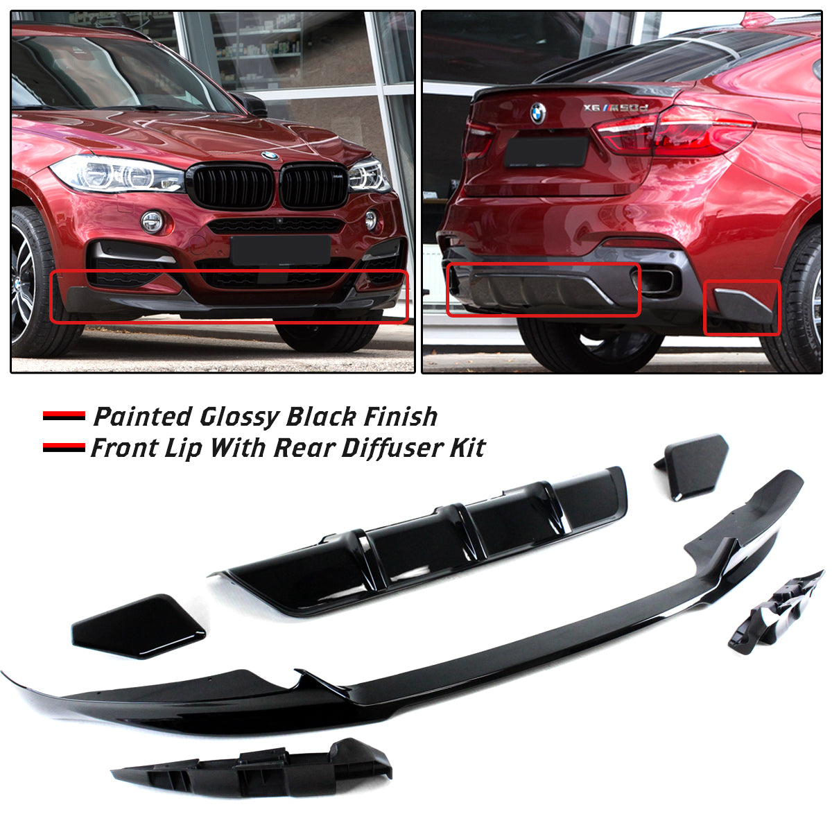 F18 X6 BMW Front Lip with Rear Diffuser Kit Glossy Black 2015-2019