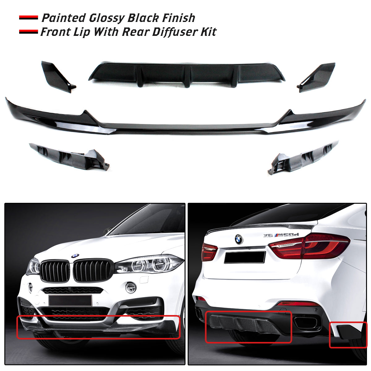 F18 X6 BMW Front Lip with Rear Diffuser Kit Glossy Black 2015-2019