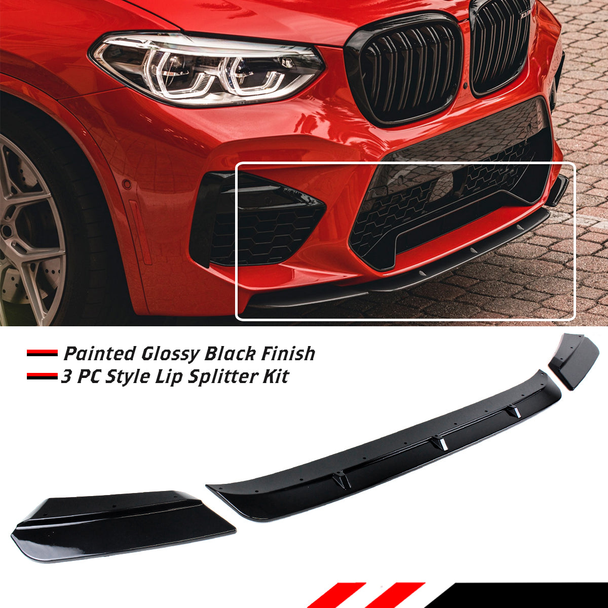 F97 X3M & F98 X4M BMW 3 PC Style Lip Splitter Kit Glossy Black 2019-2022