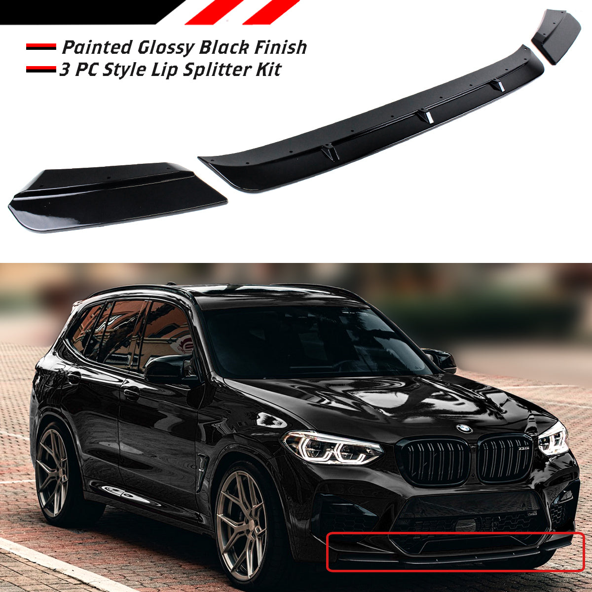 F97 X3M & F98 X4M BMW 3 PC Style Lip Splitter Kit Glossy Black 2019-2022