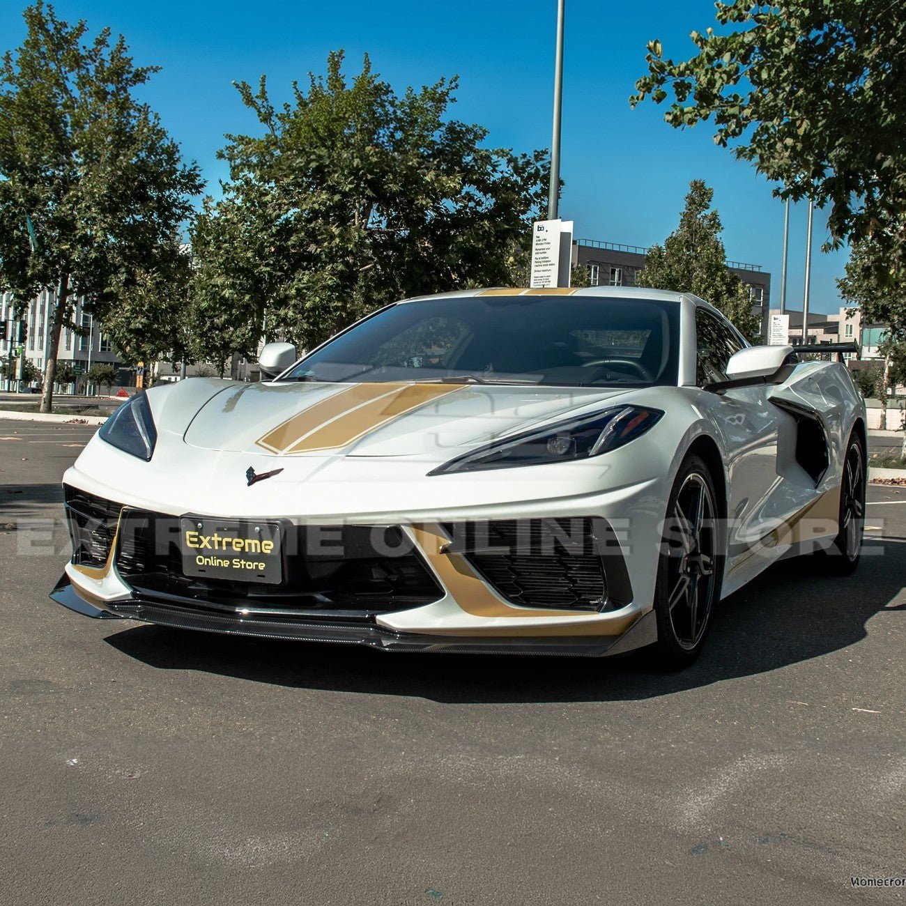 Front splitter ground effect for Corvette C8 with 5VM package, featuring aggressive aerodynamic design and premium factory-style fitment.