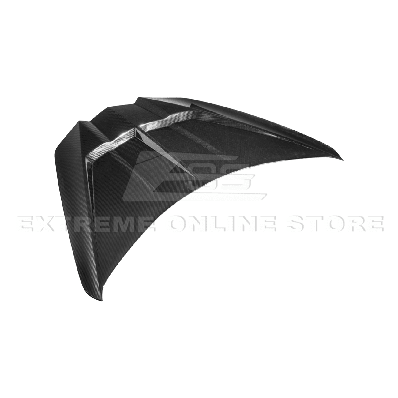 Close-up image of the Corvette C8 EOS Performance Track Style Double-Sided Dry Carbon Fiber Front Hood showing the premium dry carbon weave, lightweight construction, and aggressive aerodynamic design that enhances both performance and style.