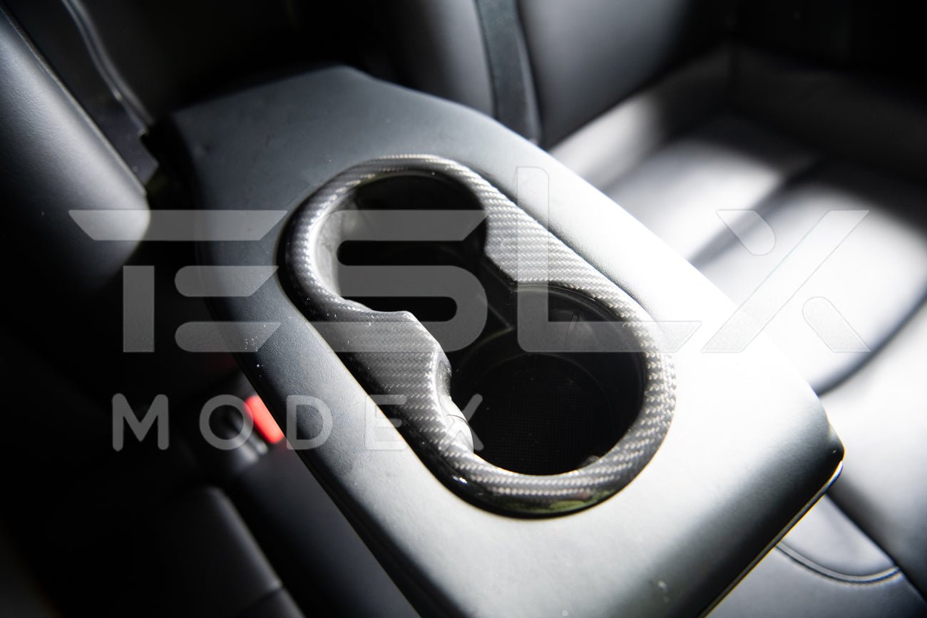 Tesla Model 3 Model Y Carbon Fiber Interior Rear Cup Holder Frame Cover 2020-2024