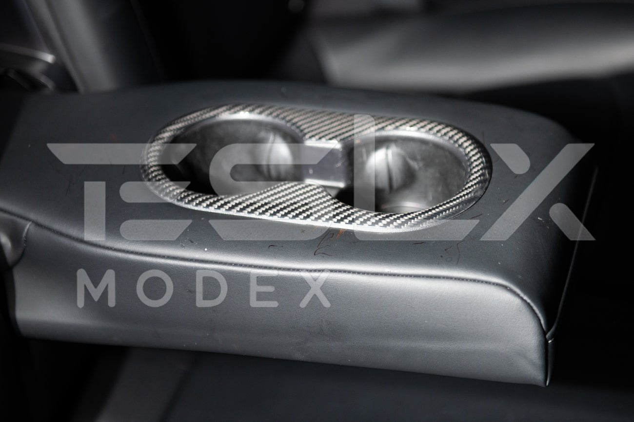 Tesla Model 3 Model Y Carbon Fiber Interior Rear Cup Holder Frame Cover 2020-2024
