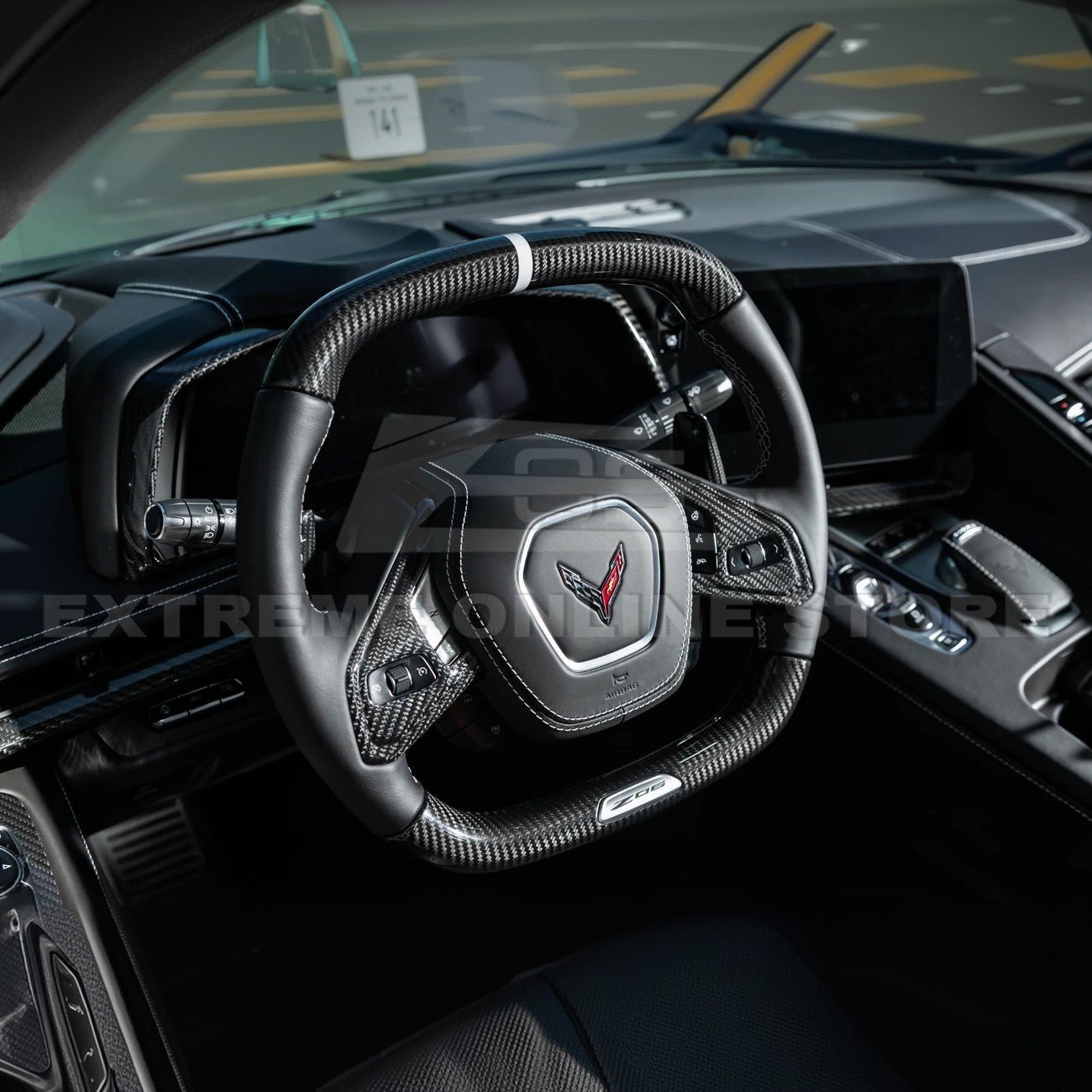 Chevrolet Corvette C8 Dry Carbon Fiber Steering Wheel Trim Cover w/ Collision Button 2020-Up
