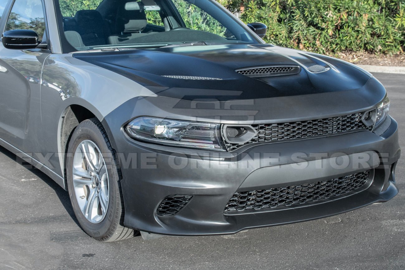 Dodge Charger LD SRT Hellcat Style Primed Black Front Bumper and Aluminum Hood Conversion Kit 2015-Up