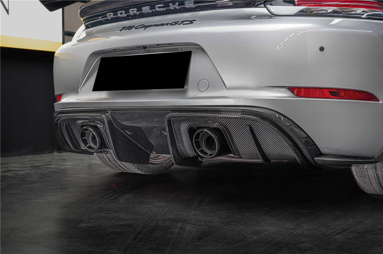 Porsche 718 Cayman Boxster GT4RS Style Autoclave Carbon Fiber Rear Diffuser Lip With Winglets And Exhaust Tips 2016-2025