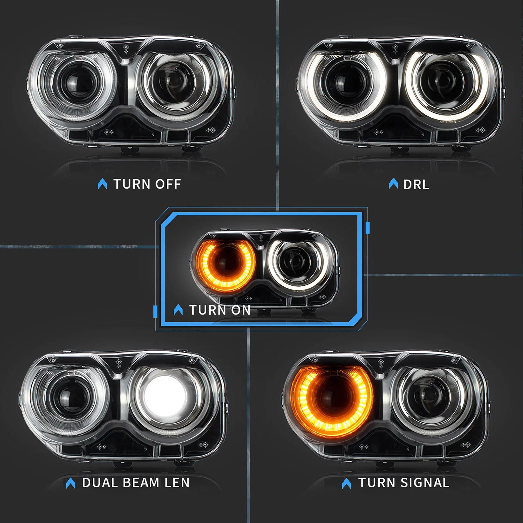 Dodge Challenger Halogen Models RGB/White LED Halo Headlights 2015 - 2023